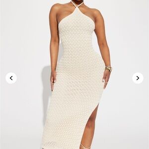 Fashion Nova Cream Asymmetrical Midi Dress